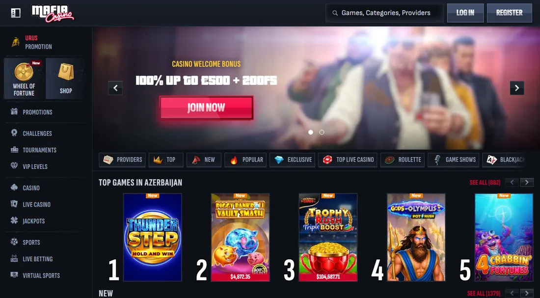 Homepage di Mafia Casino a settembre 2026